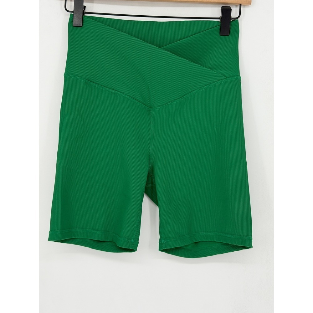 Wilo The Label Biker Shorts Small Green Ribbed Crossover Waistband Activewear